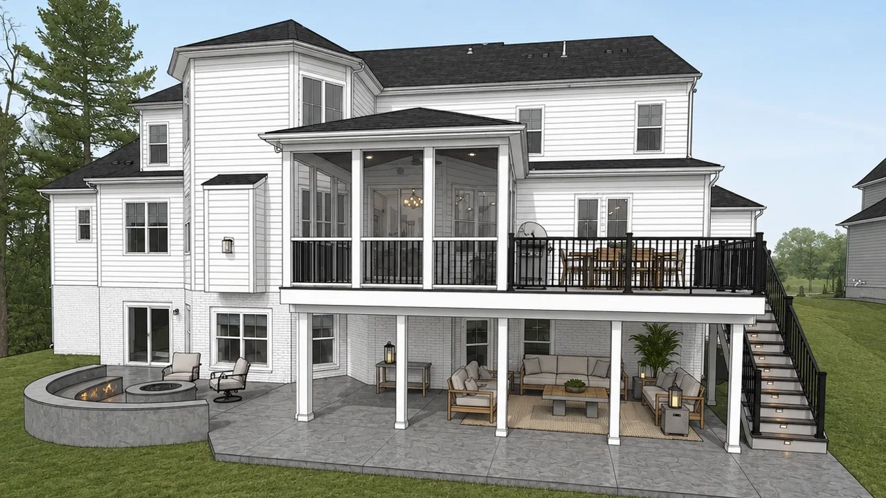 Photorealistic 3D rendering of the same screen porch, deck and patio before construction