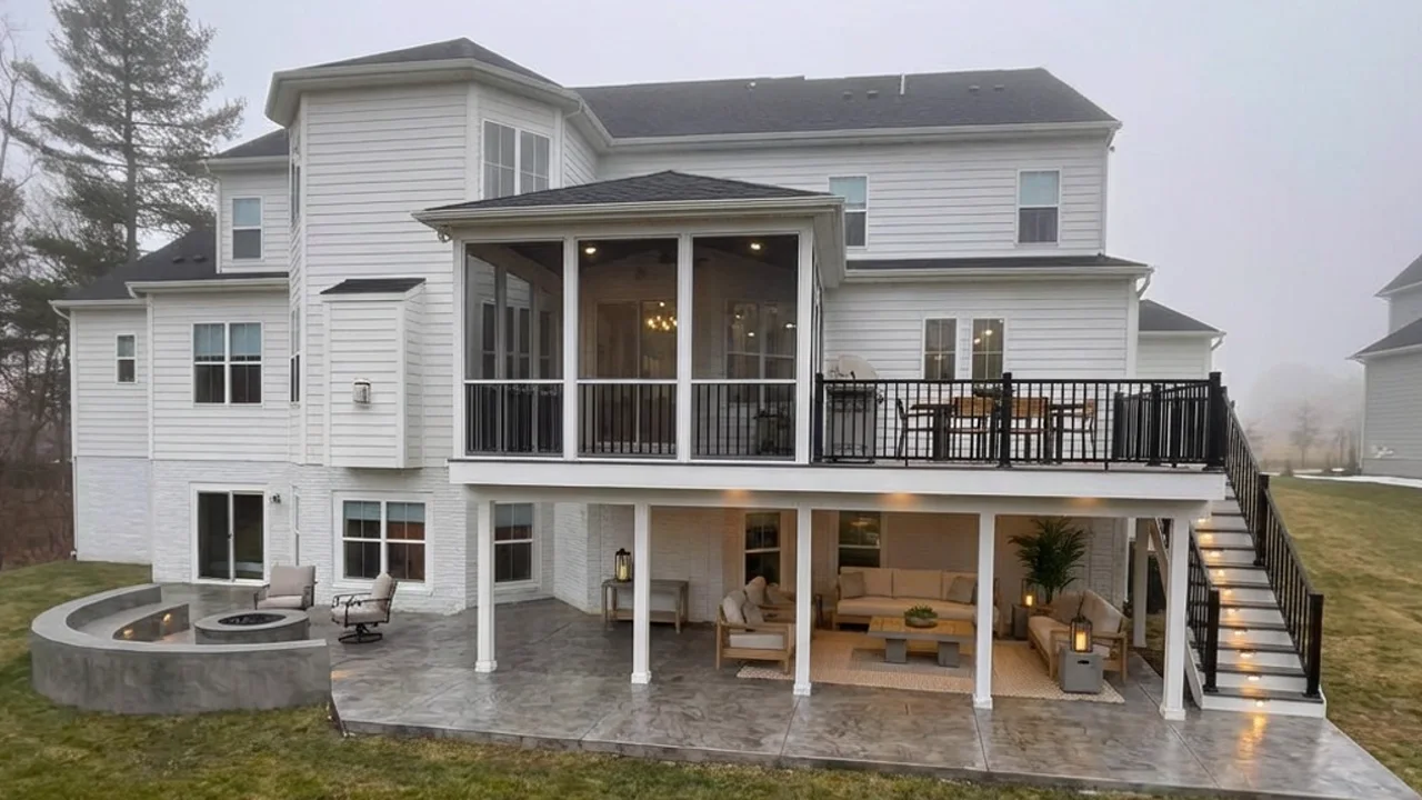 Finished screen porch, elevated deck and stamped concrete patio built by OSSA in Northern Virginia